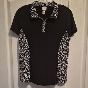 Chico's Weekends Polo Top with Black-and-White Leopard Panels Size 0